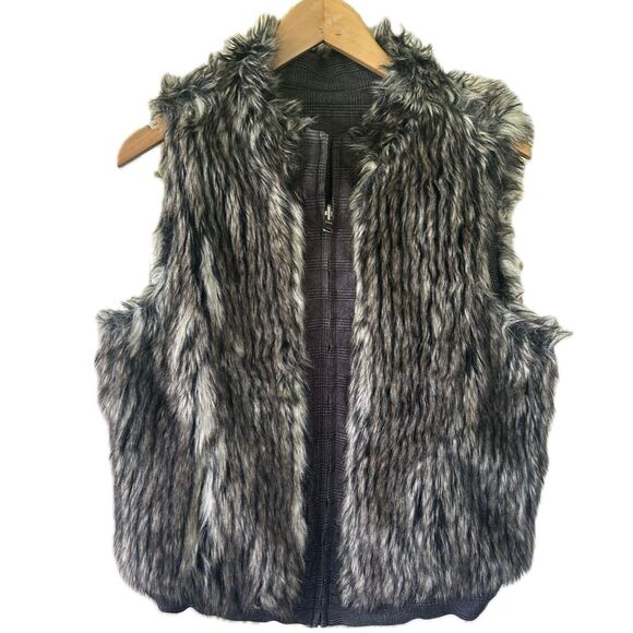 Calvin Klein Women's Reversible Plaid Faux Fur Zip Up Dual Pockets Vest XL - Picture 1 of 8